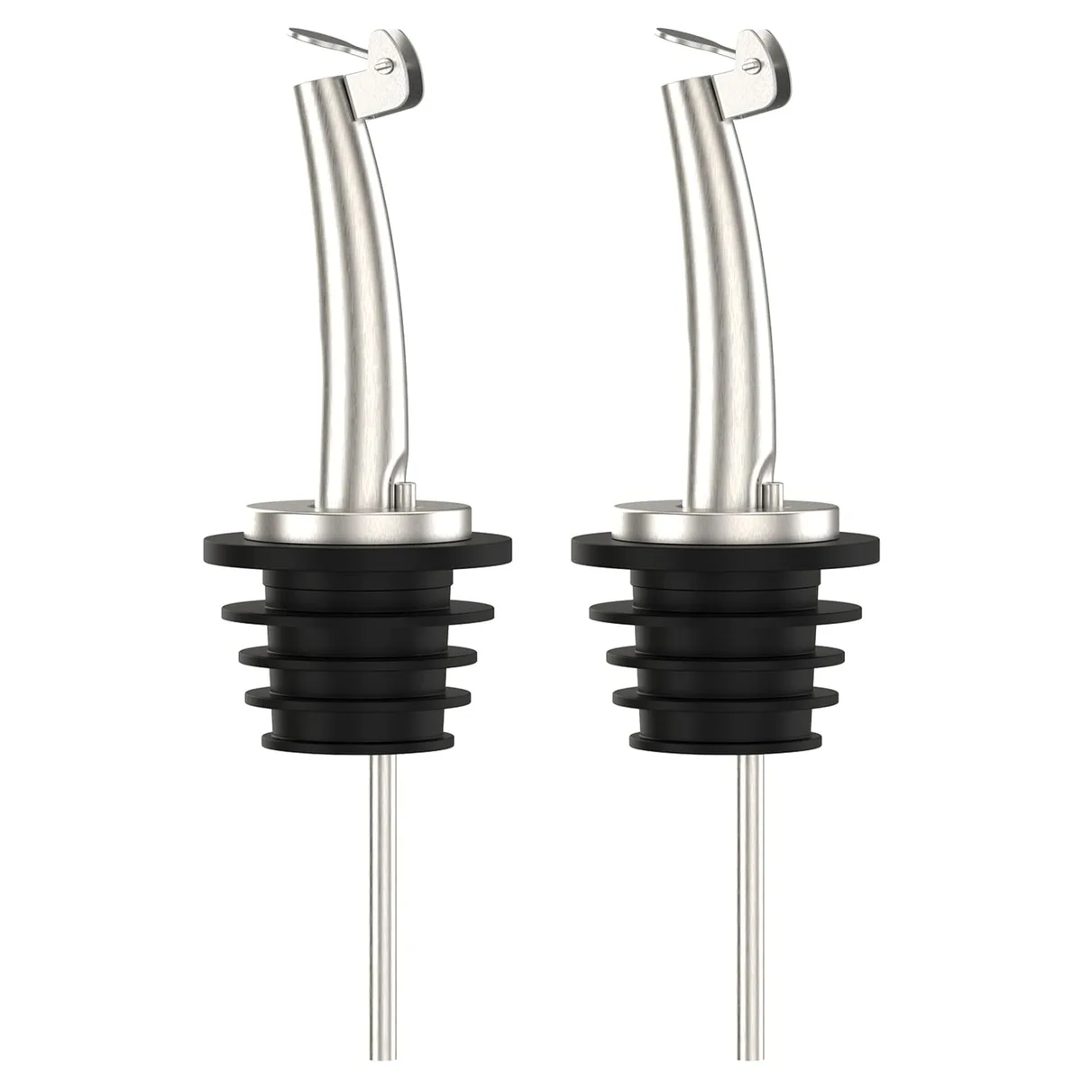 Two stainless steel bottle pourers with black rubber corks and air vent tubes