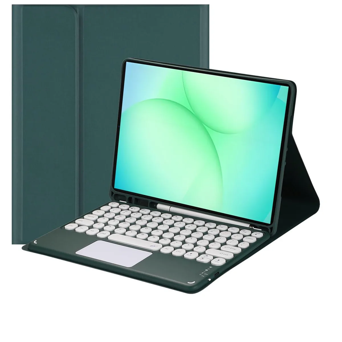 Dark green tablet case with detachable backlit keyboard and trackpad, 78 keys, pencil holder