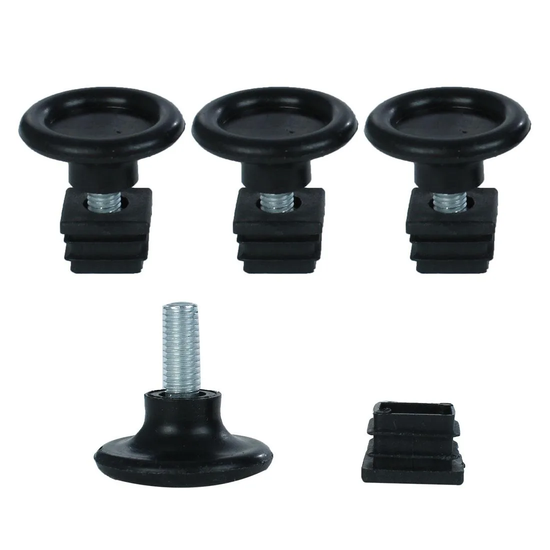 Four black plastic leveling feet with silver threaded stems, each 13 mm base and 30 mm stem