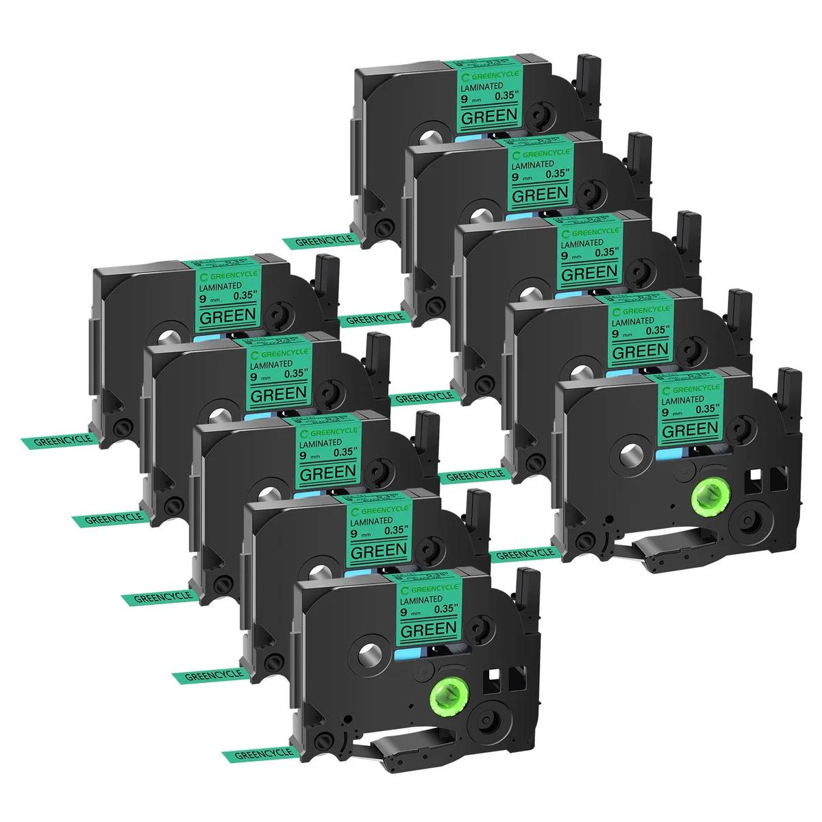 GREENCYCLE GREENCYCLE TZe-721 9mm Black on Green Laminated Label Tape 10 Pack — product photo