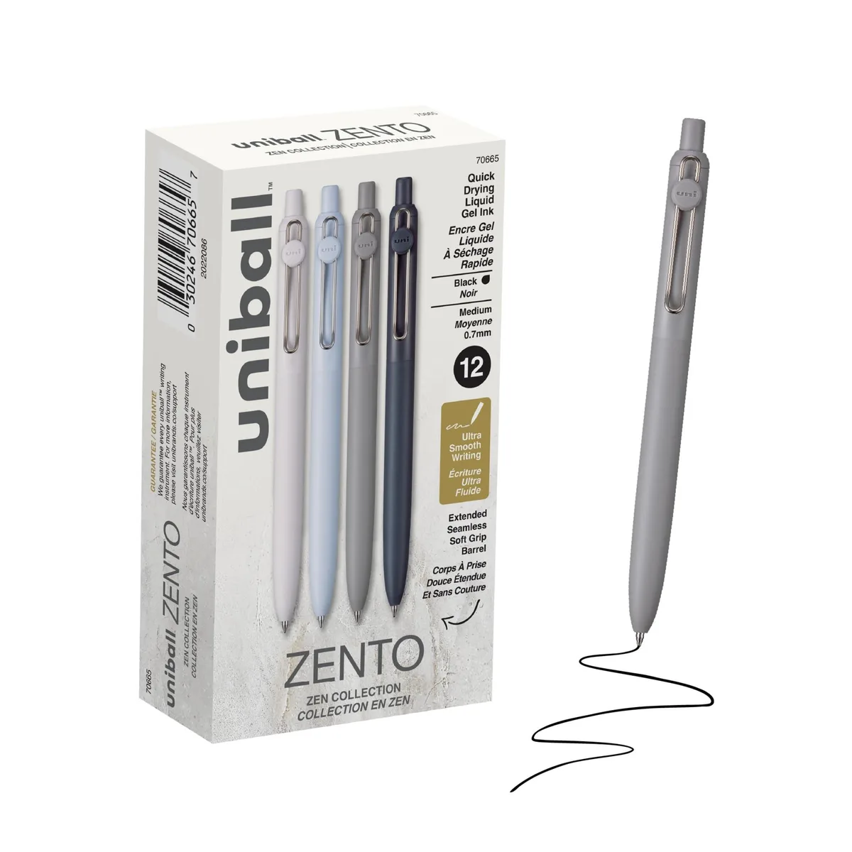 Twelve retractable black gel pens in a pack, medium point, soft grip barrels made with 75% recycled material