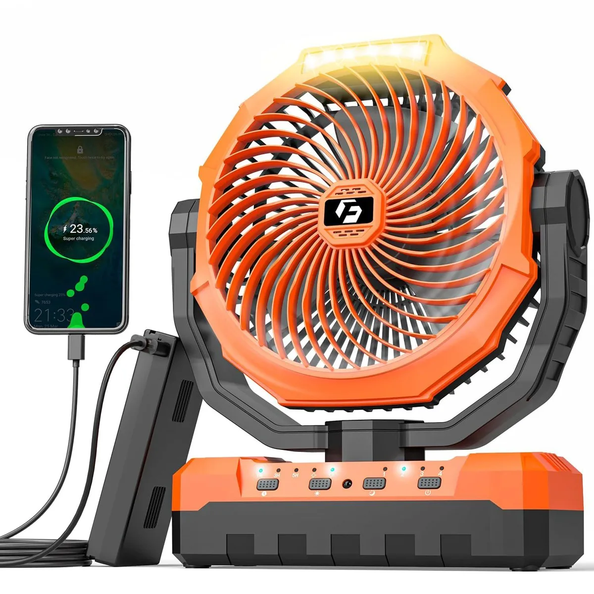 Silver portable fan with integrated LED light and hook, orange accents, tabletop form factor