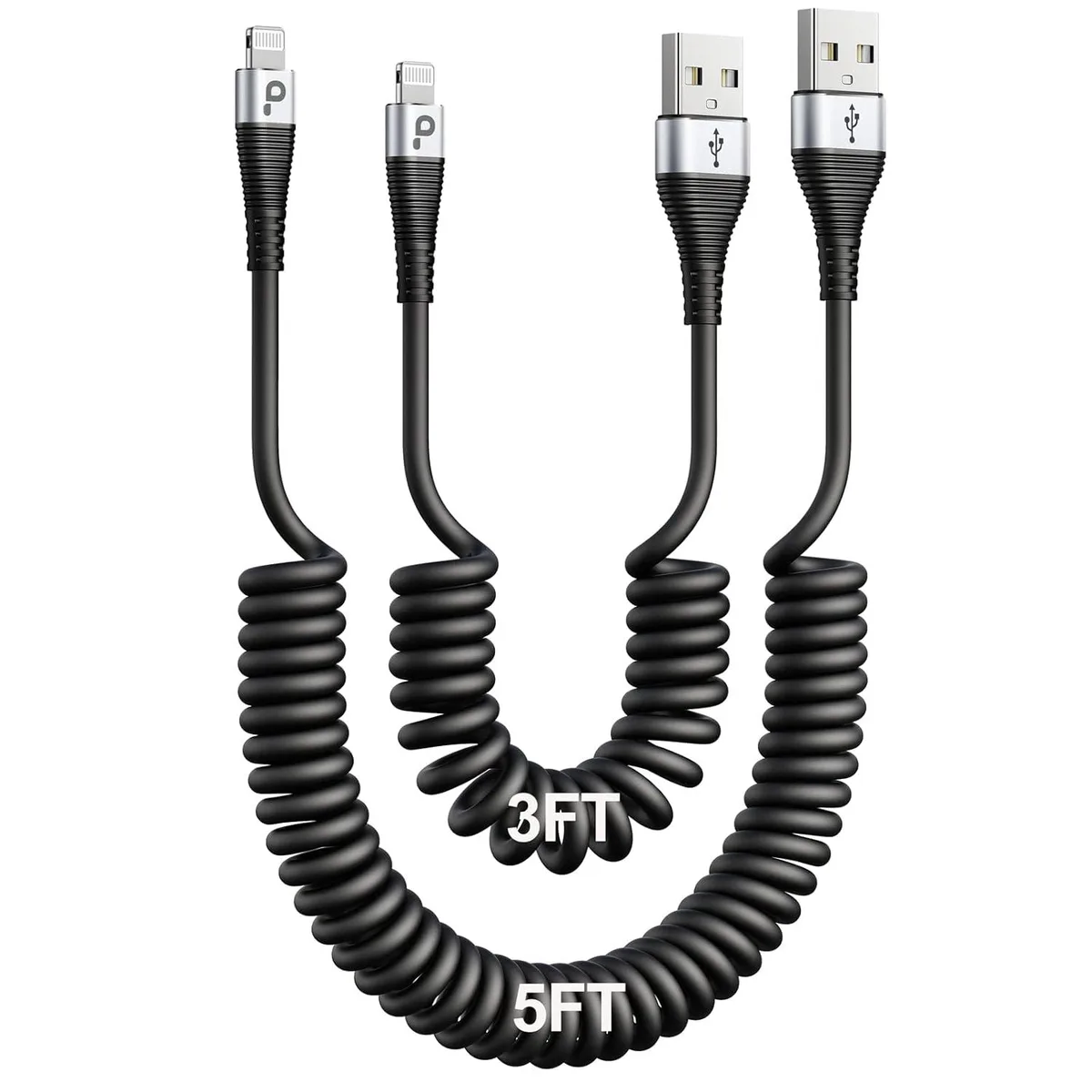 lelisten lelisten Coiled Lightning Cable 2-Pack 3FT/5FT MFi Certified Retractable Car Charger — product photo