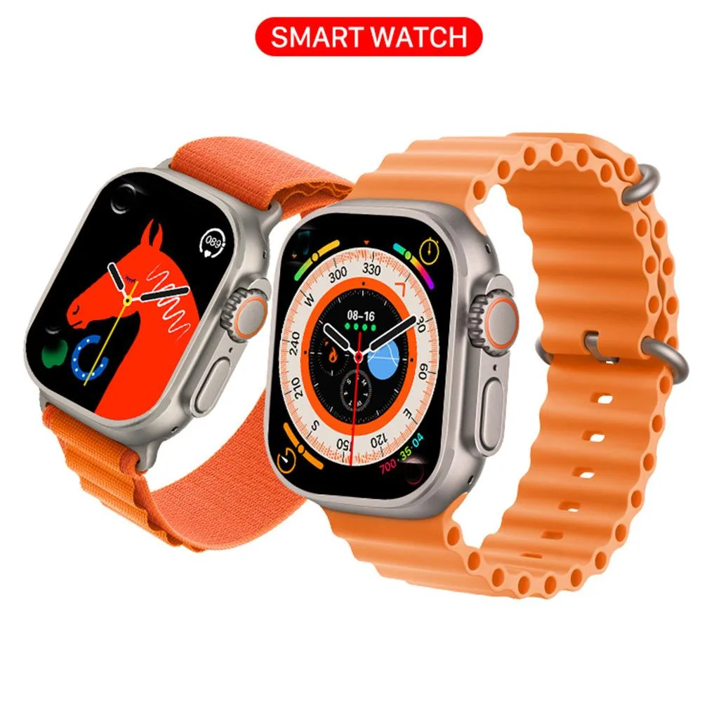 Orange rectangular smartwatch with silicone sport strap and touchscreen display