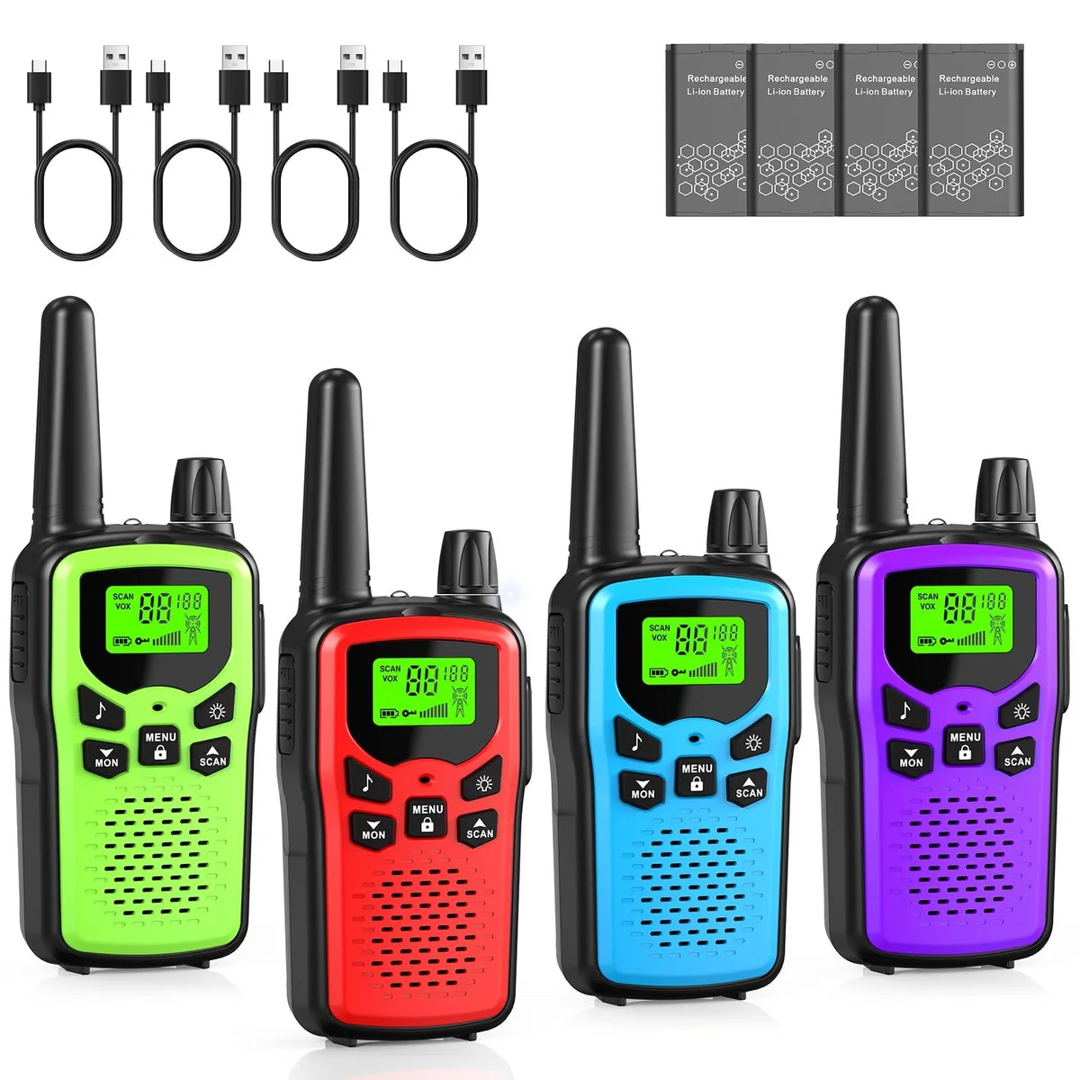 Four black handheld radios with antennas and LCD screens