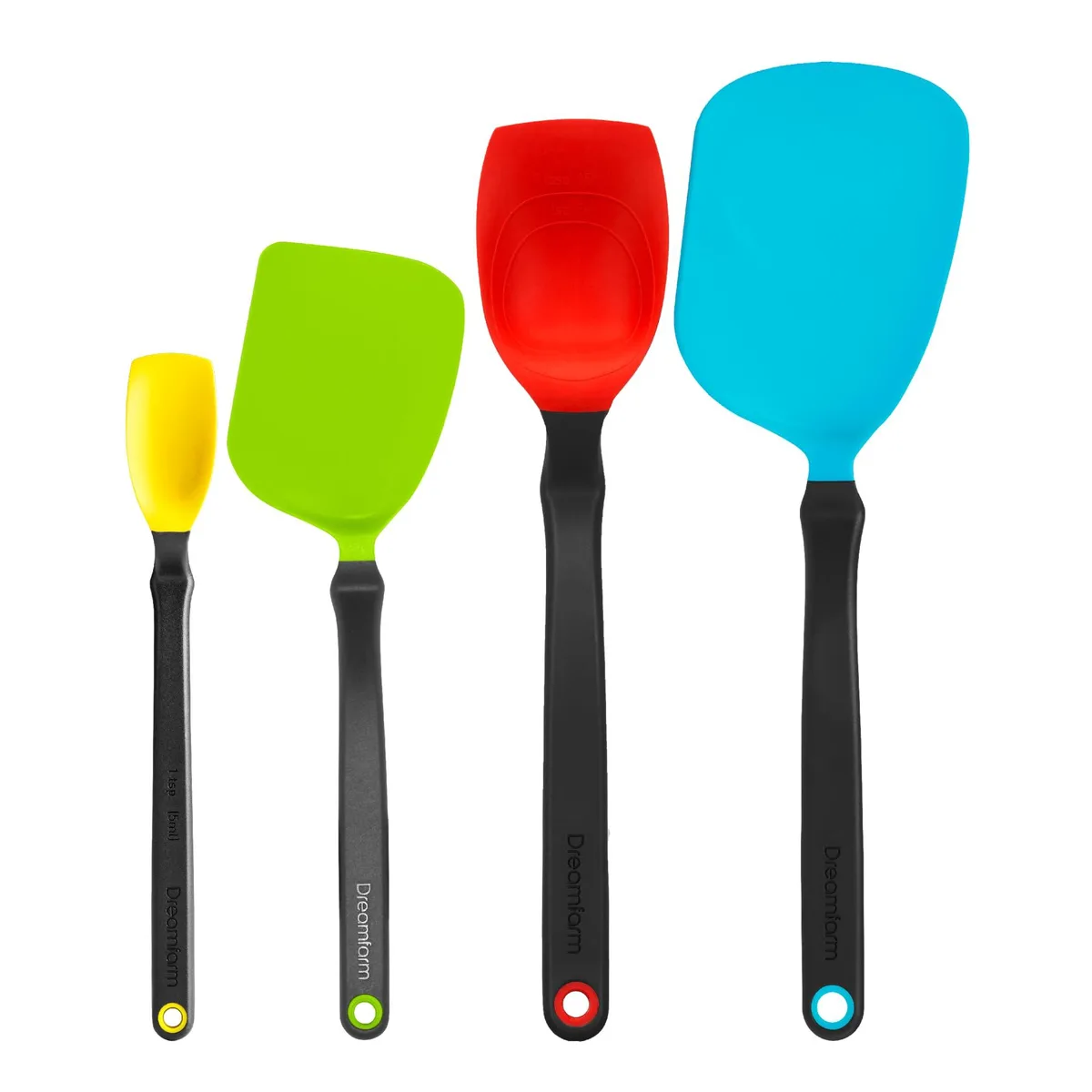 Four silicone and nylon kitchen utensils on a surface