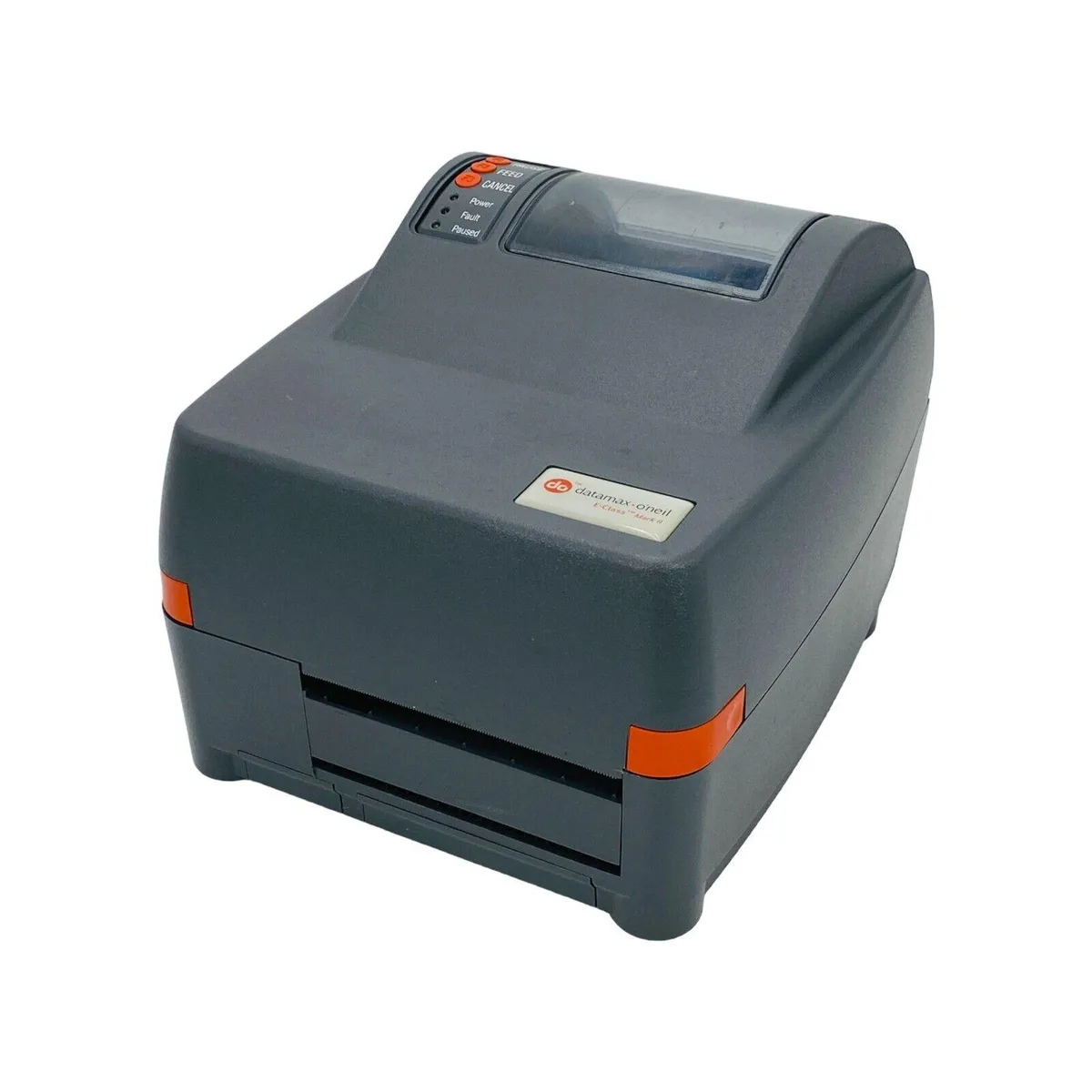 Datamax E-4205 desktop label printer, light grey plastic case, front media window, top control panel, rear USB serial parallel ports