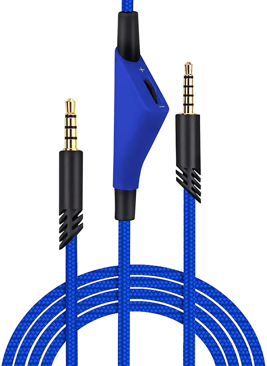 Blue braided headset cable with inline volume control and two 3.5mm plugs