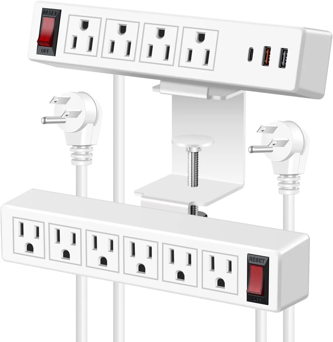 BFKK BFKK 2 in 1 Dual Layer Desk Clamp Power Strip 10 ft White — product photo