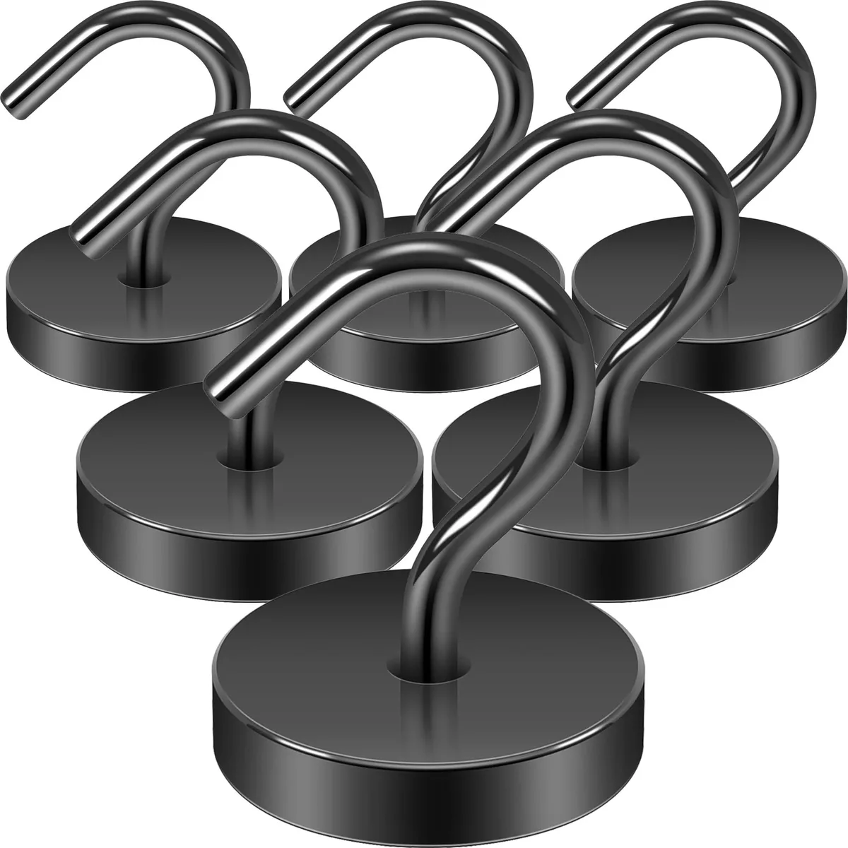 Six black magnetic hooks with wide openings on a silver base