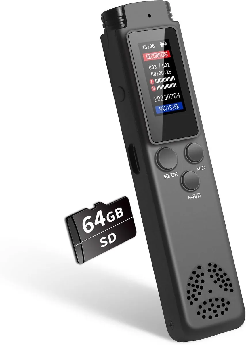 Small rectangular black voice recorder with screen and buttons