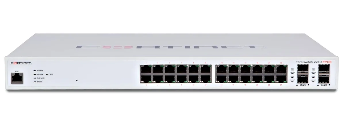 Fortinet Fortinet FS-224D-FPOE network switch, 24-port PoE+ 370W, 4 SFP, managed — product photo