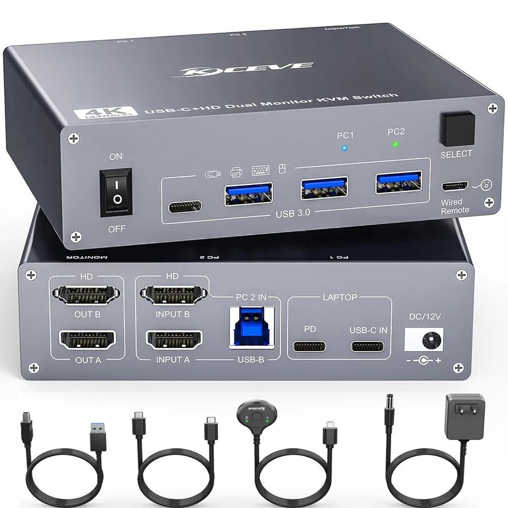 SMA SMA KVM Switch 2 Monitors 2 Computers USB C HDMI 1.5m Wired Remote — product photo
