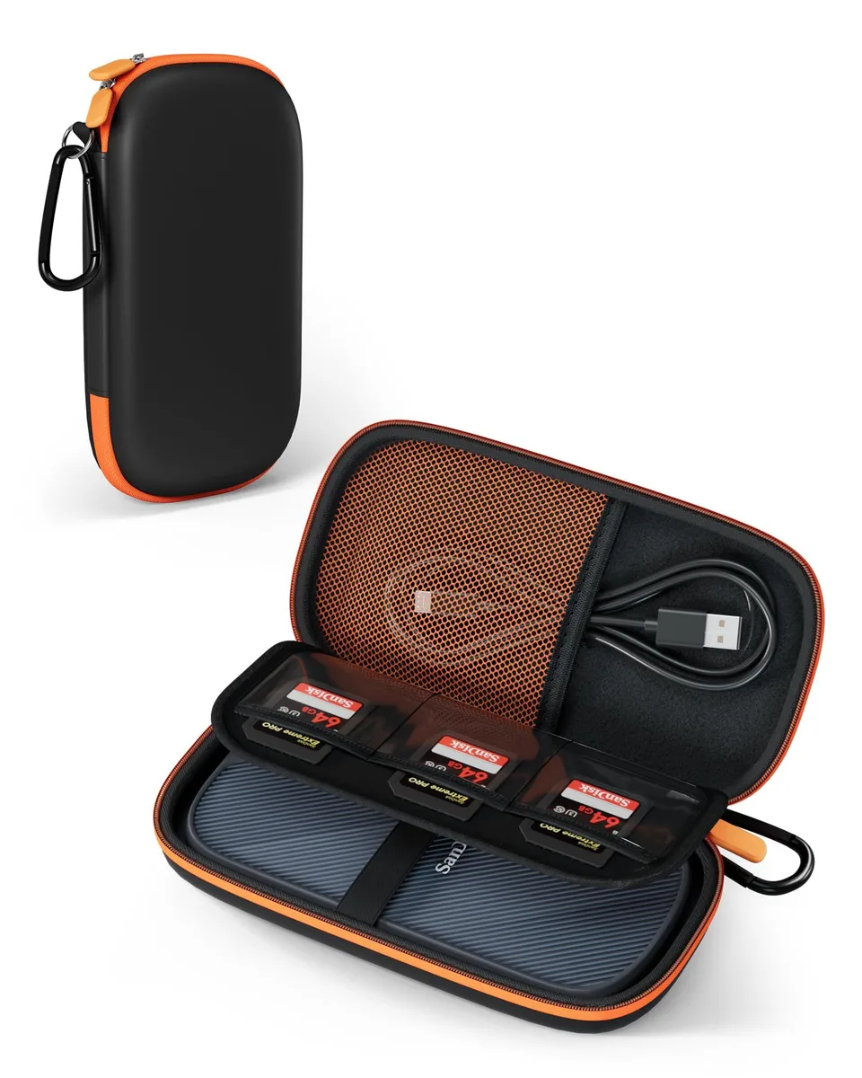 Black hard EVA case with carabiner, 16.8 cm long, mesh pocket and card slots inside