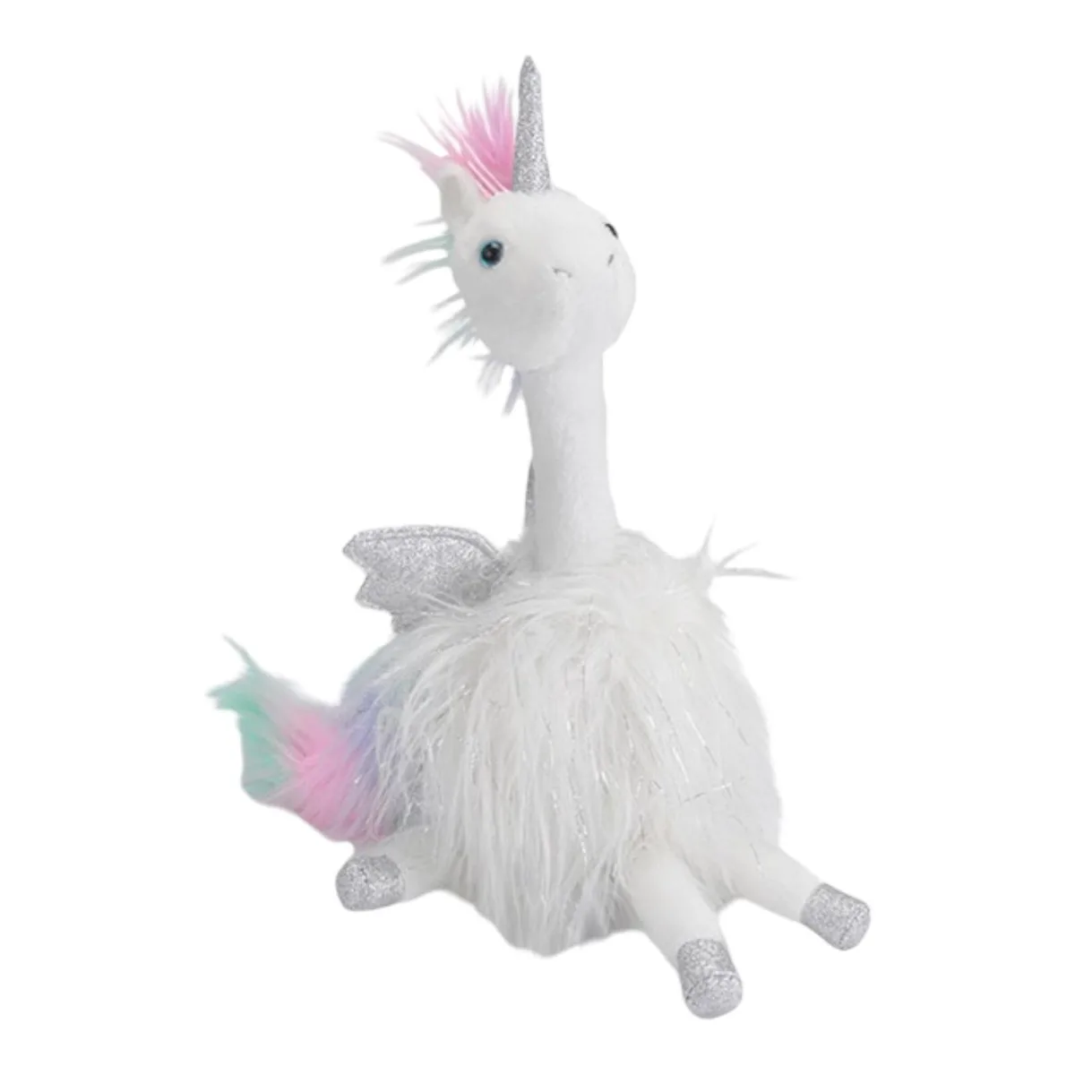 White plush unicorn with glitter wings, sparkly feet and iridescent eyes, about 20 inches tall