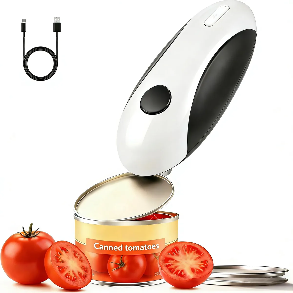 White compact automatic can opener with stainless steel blade and plastic body
