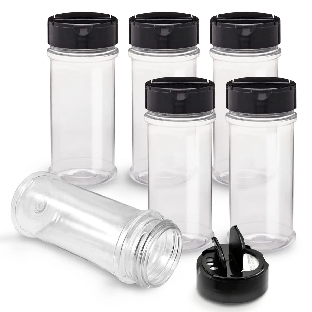 Six clear plastic spice jars with black flip-top lids, red accents