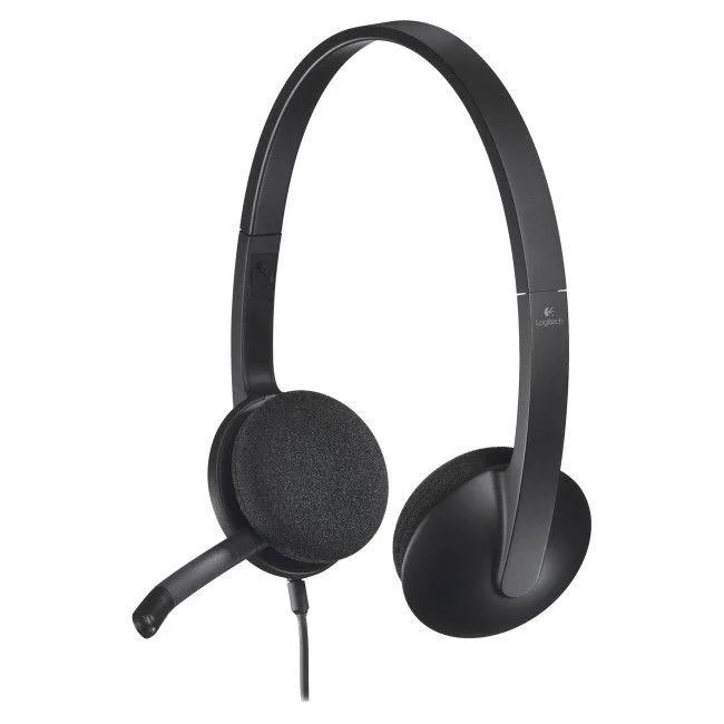 Black Logitech H340 wired over-ear headset with adjustable headband and boom microphone