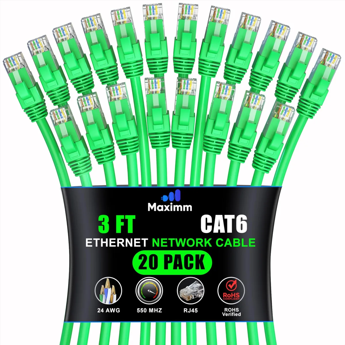 maximm maximm Cat 6 Ethernet Cable 3 ft 20-Pack Green 2 in 1 accessory — product photo