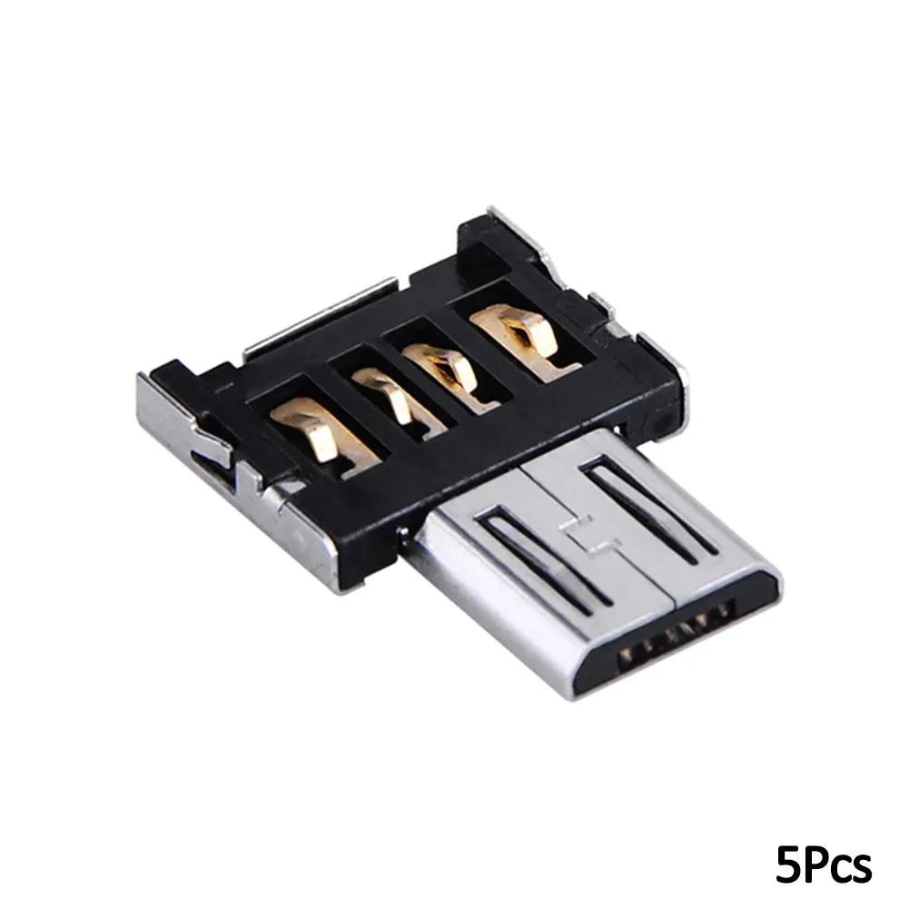 Five tiny Micro USB to USB A OTG adapters in black ABS and zinc alloy