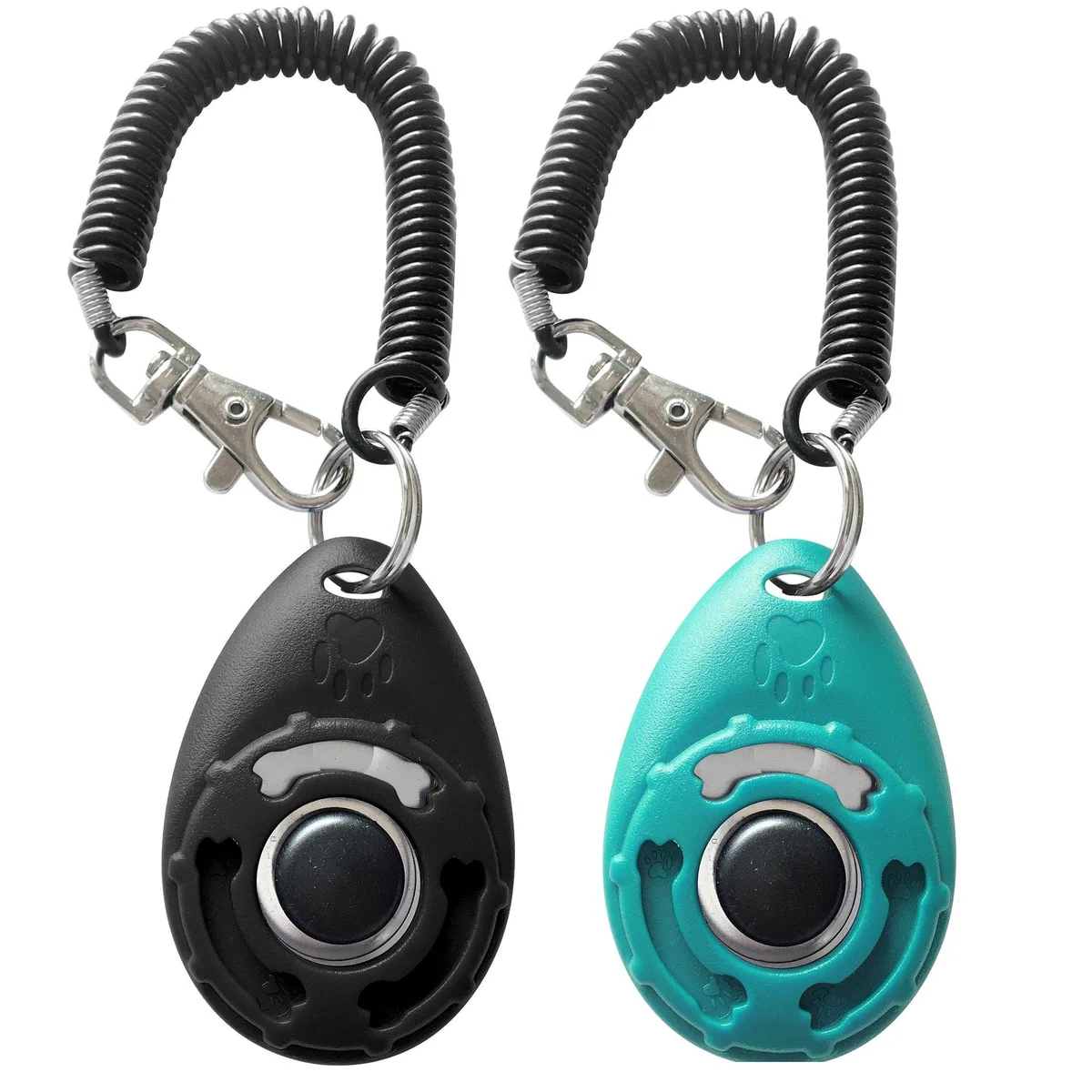 Two clickers, black and blue, with coiled wrist straps