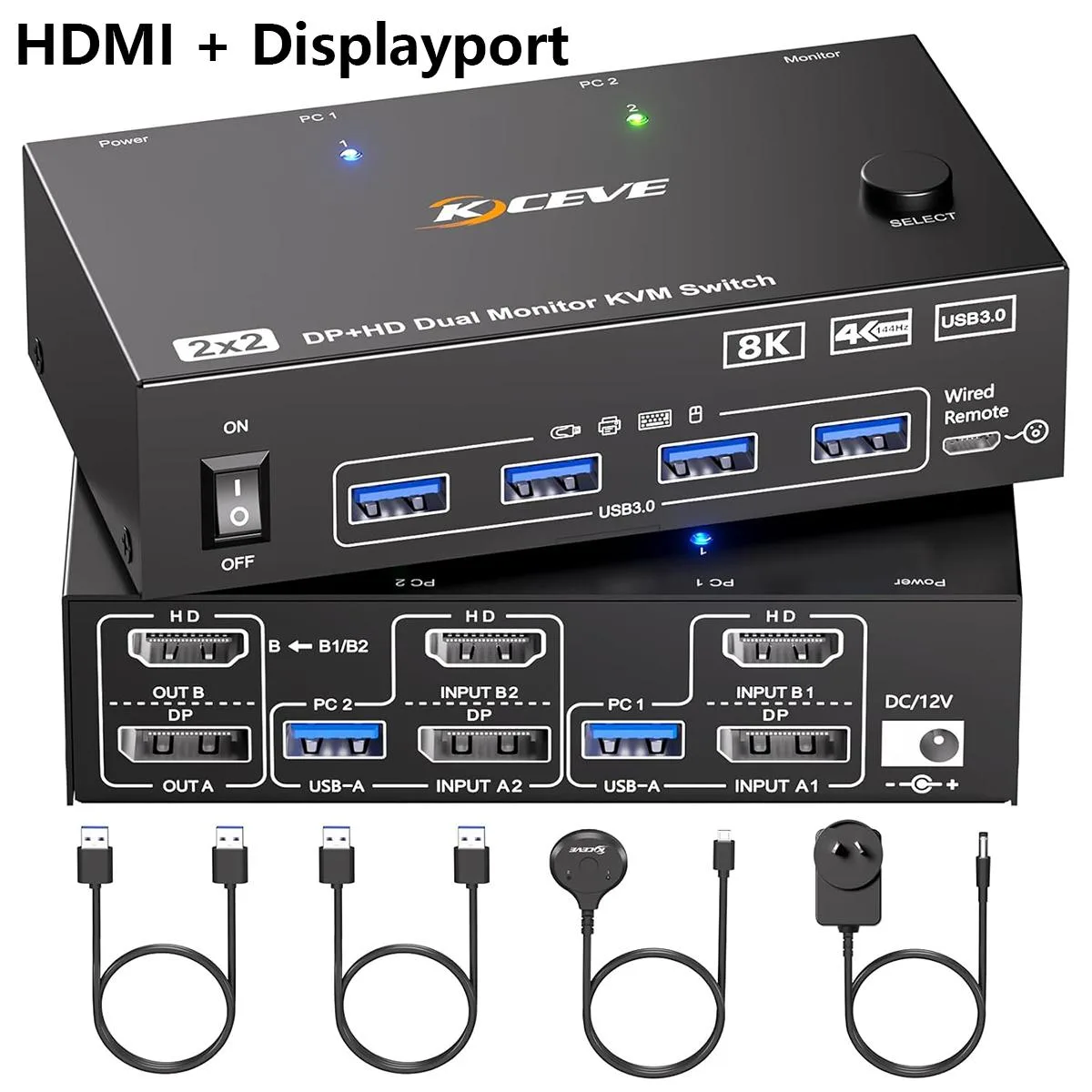 IHDAPP IHDAPP KVM 8202DH Switch 2 Monitor 2 Computer DP HDMI 4K@144Hz 4 USB 3.0 — product photo