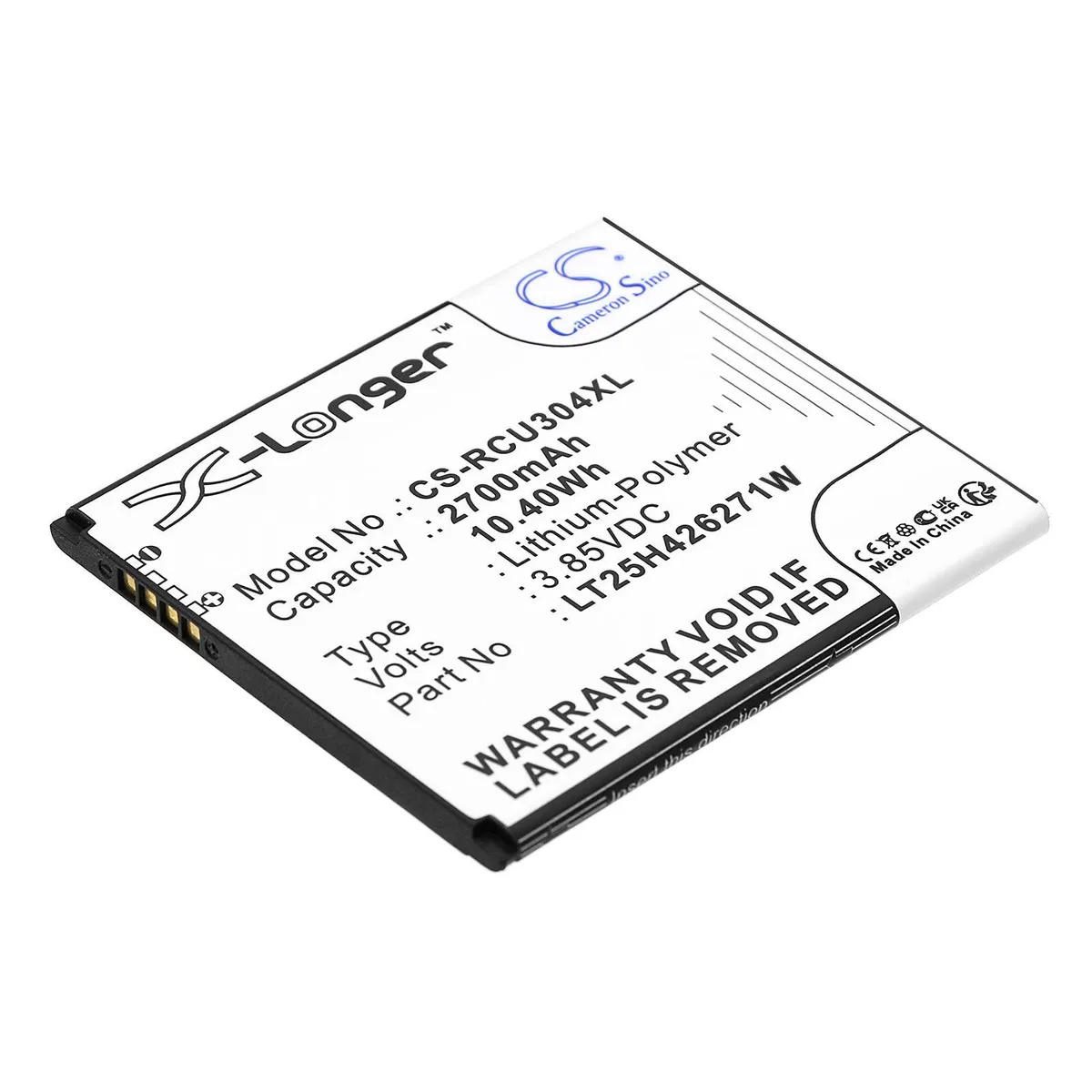 Rectangular replacement battery with smooth dark casing and connector terminals
