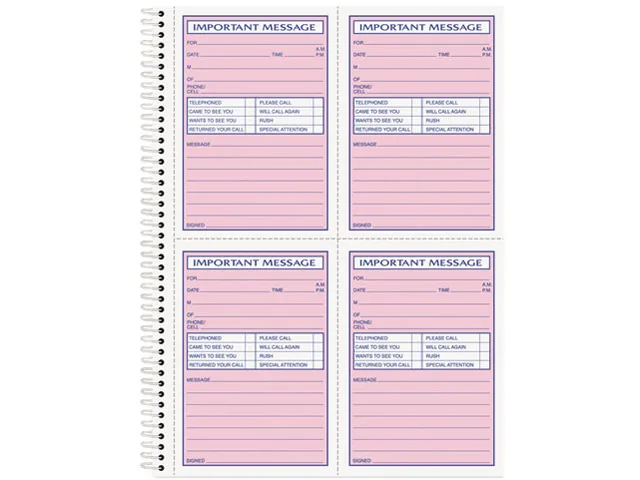 White spiral-bound message book with perforated two-part carbonless forms and fax mobile sections