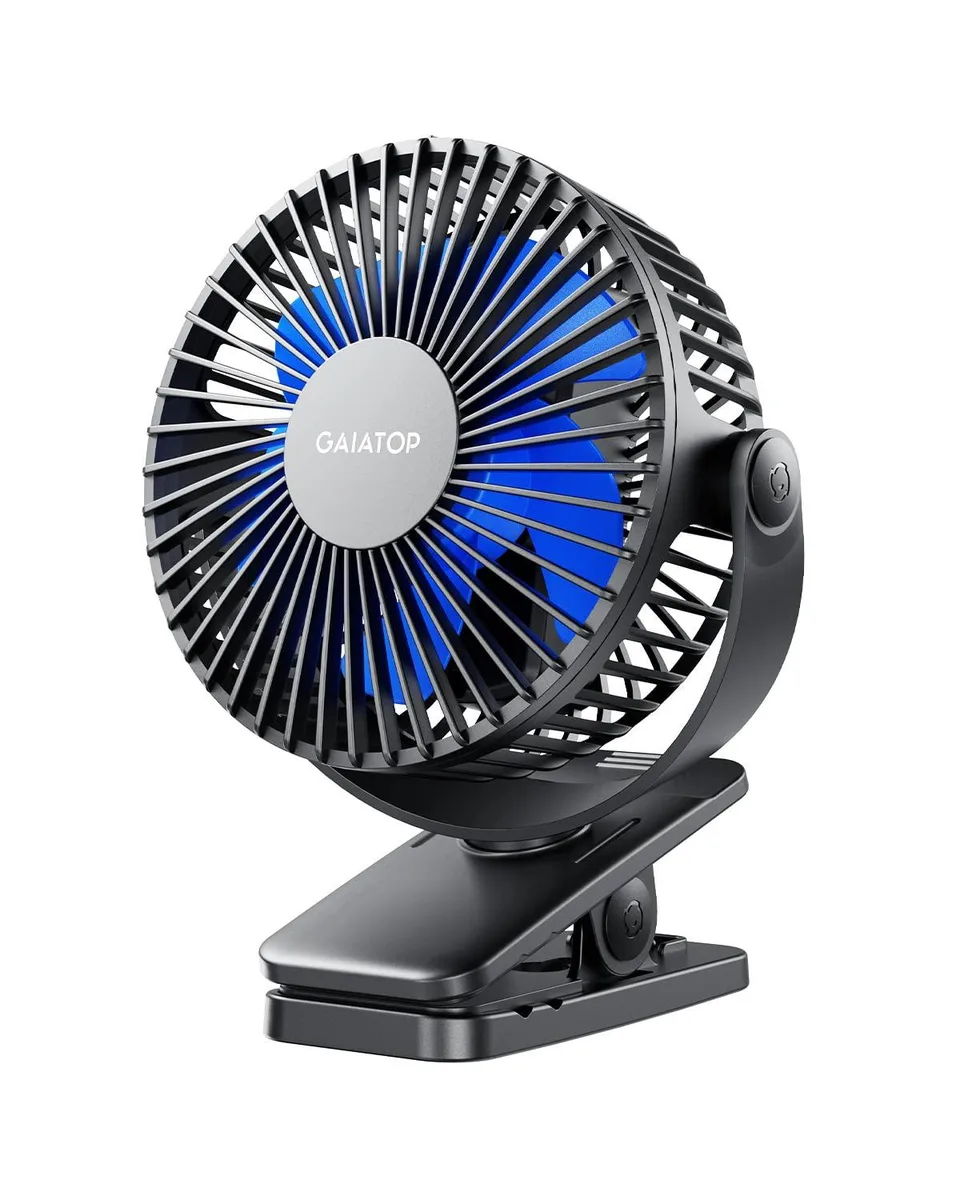 Silver clip-on fan with metal cage, 360° rotating head, compact rectangular body