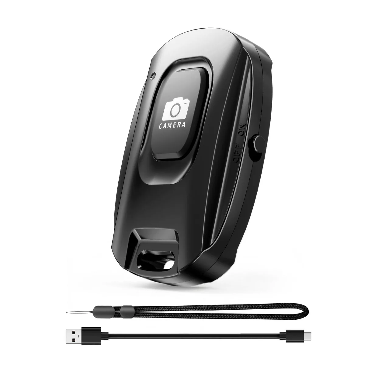 Small black rectangular Bluetooth remote with single button and wrist strap loop