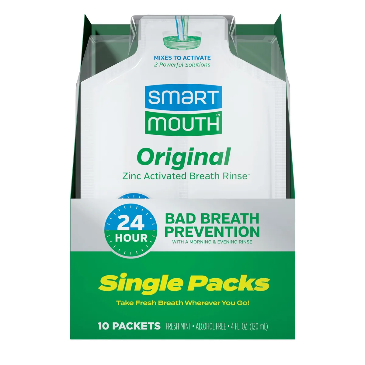 Rectangular cardboard box holding ten small dual-chamber mouthwash packets in mint finish