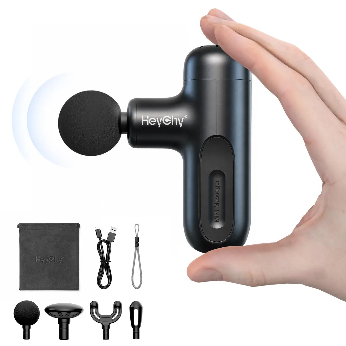 Black mini massage gun, rectangular plastic body, rounded edges, four interchangeable heads visible