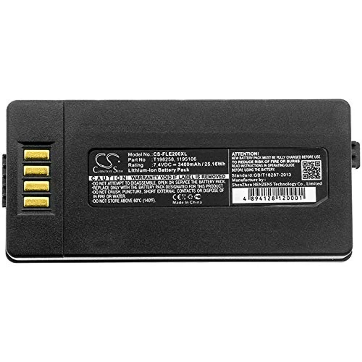 Rectangular black battery pack with label and connector, 91.40 by 41.80 by 20.20 mm