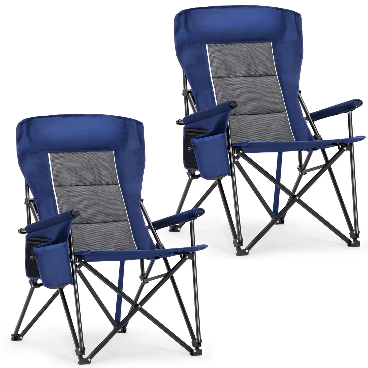 Two folded blue camping chairs with steel frames and carry bag