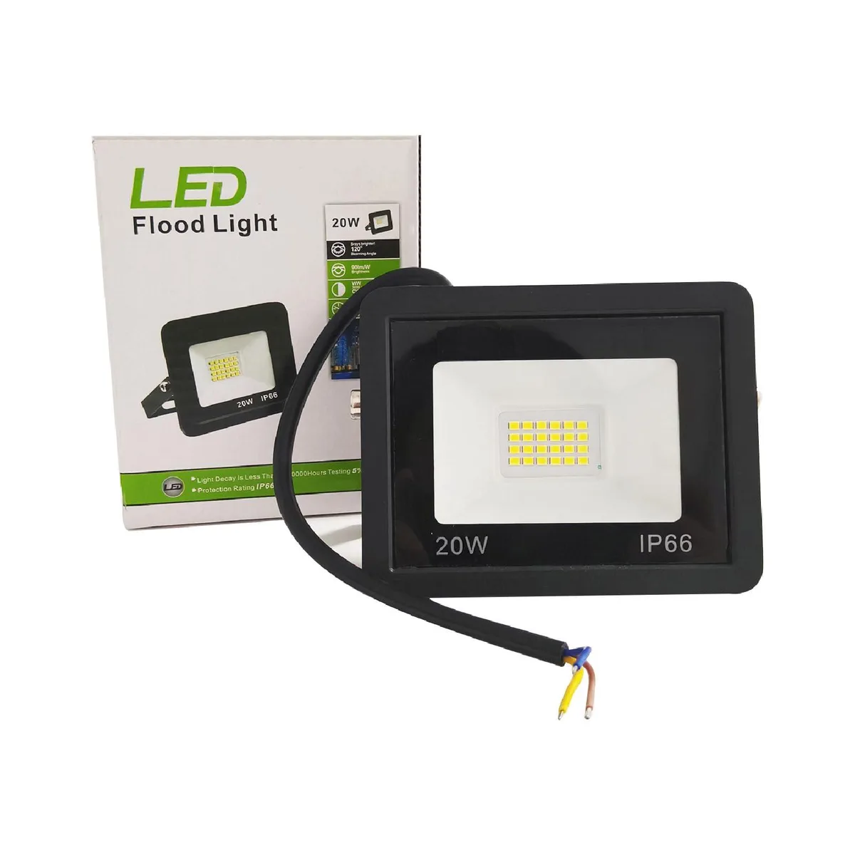 Rectangular aluminum LED floodlight with adjustable metal bracket, matte lens, IP66 rated