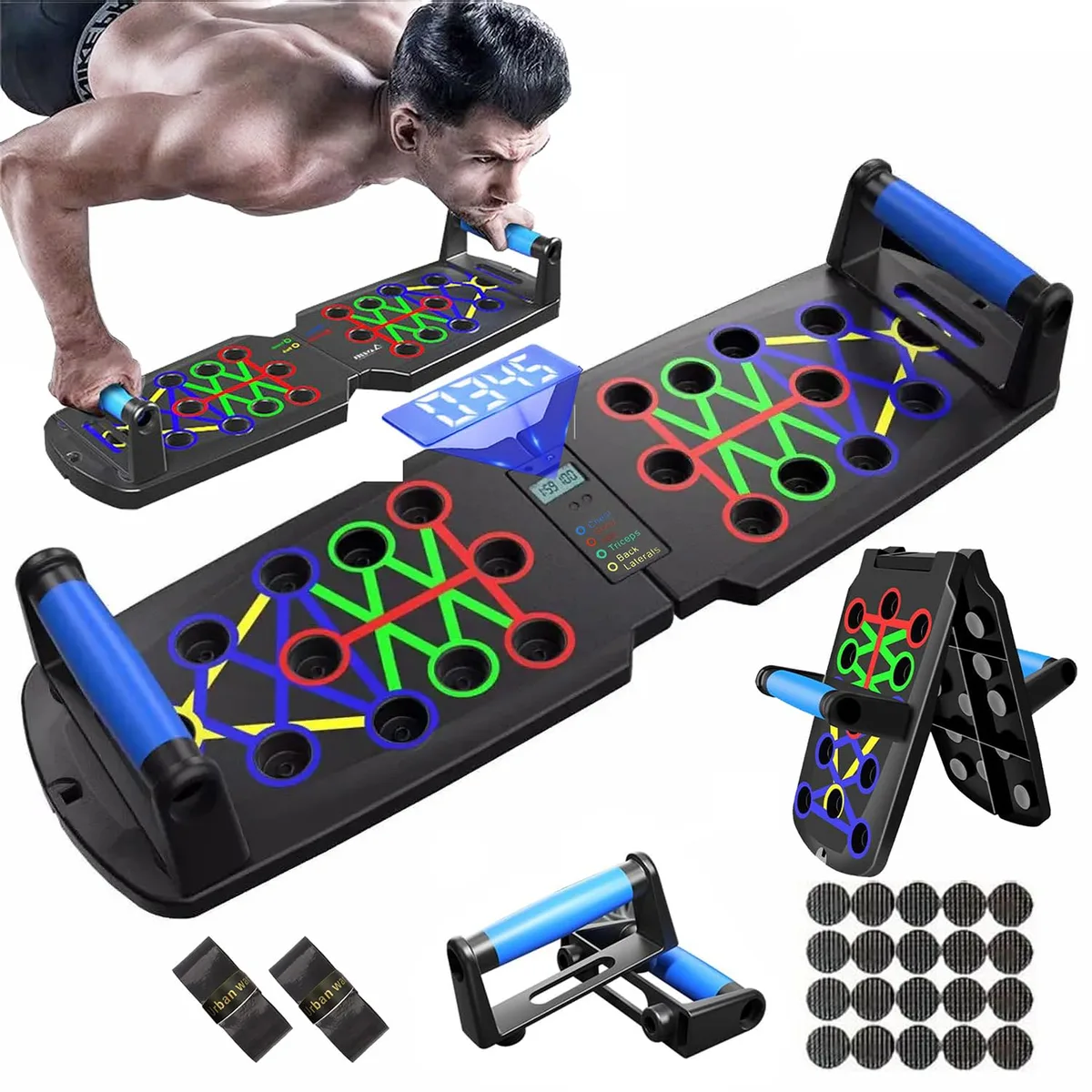 Black foldable push-up board with digital counter display and silicone handles