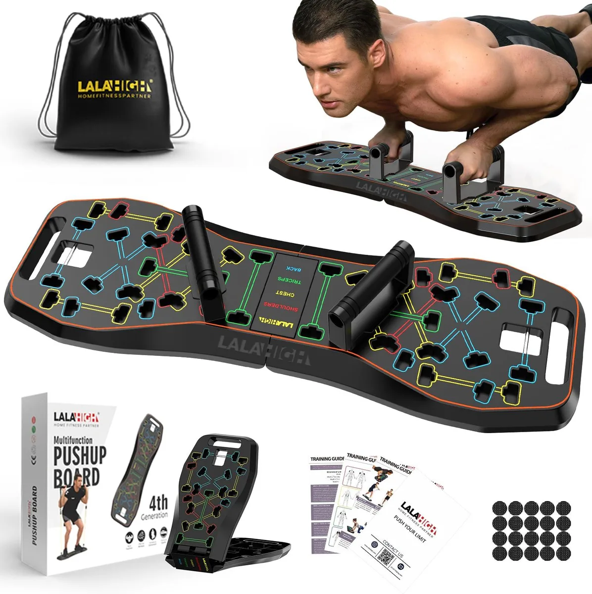 Foldable push-up board with resistance bands and ab roller wheel, dark plastic finish