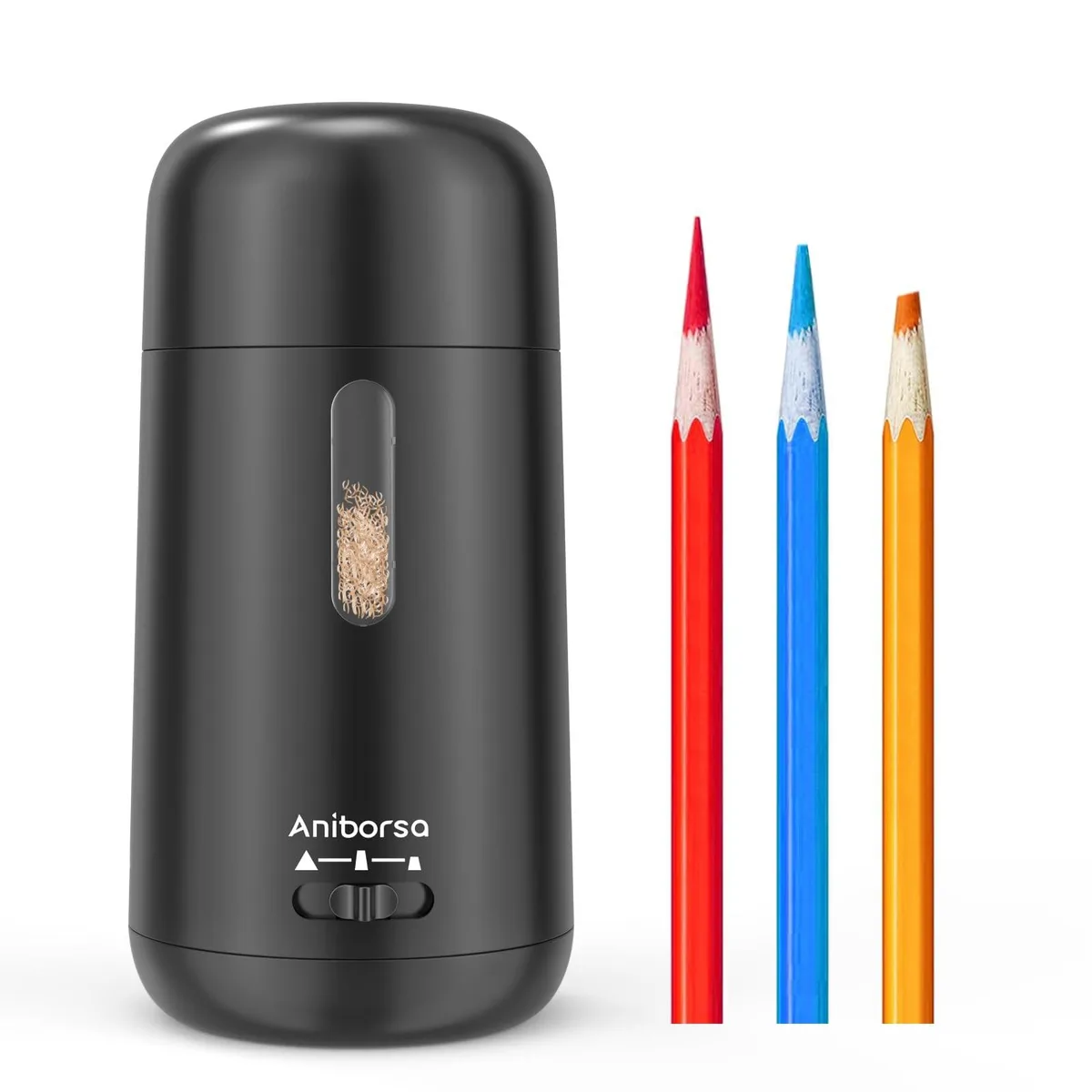 Black cylindrical electric pencil sharpener with USB charging port