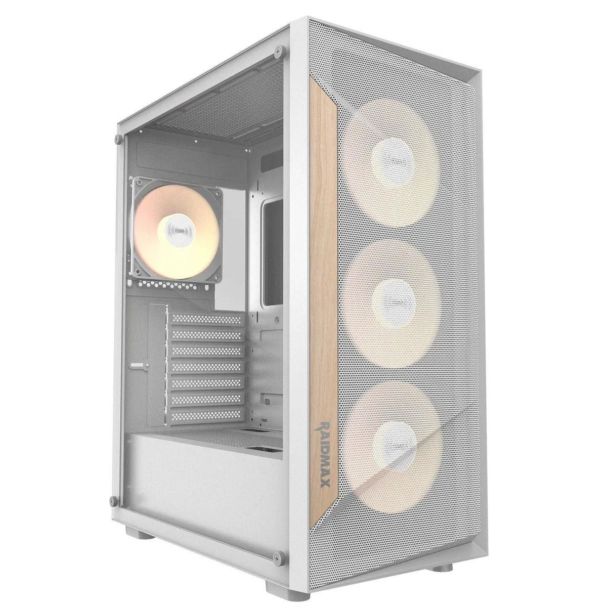 White mid-tower case with wooden-trim mesh front, tempered glass side, four ARGB fans