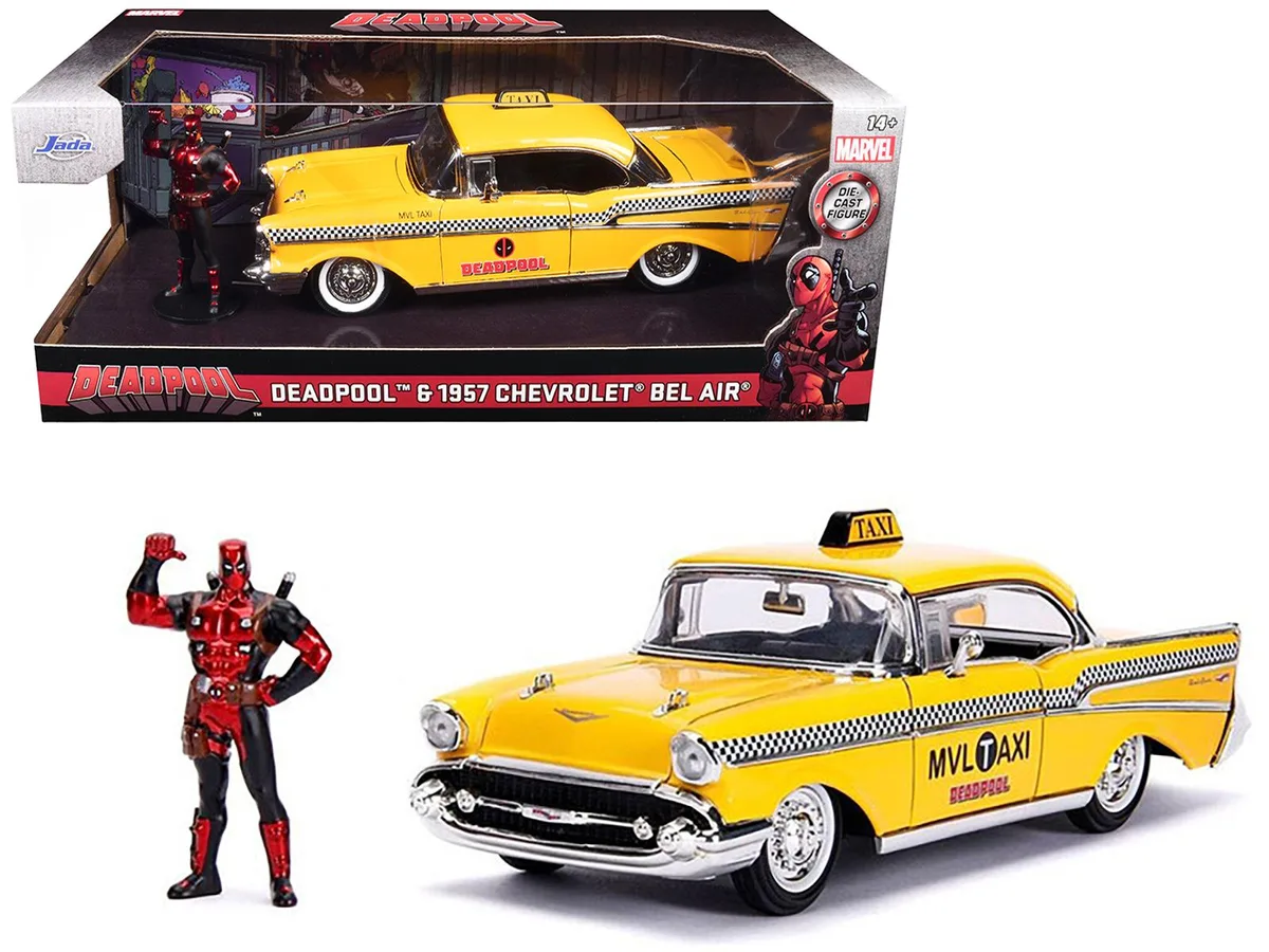 Jada Jada 30290 Marvel Deadpool 1/24 1957 Chevrolet Bel Air Yellow Taxi Diecast Car with 2.75 Inch Figurine — product photo