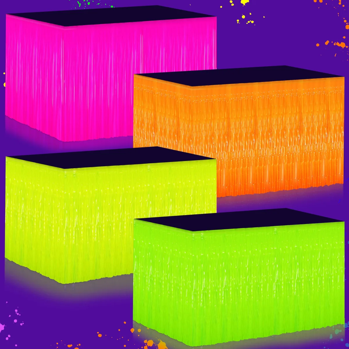 Four rolled neon tinsel fringe table skirts in hot pink orange yellow green 31.5 x 118 inches