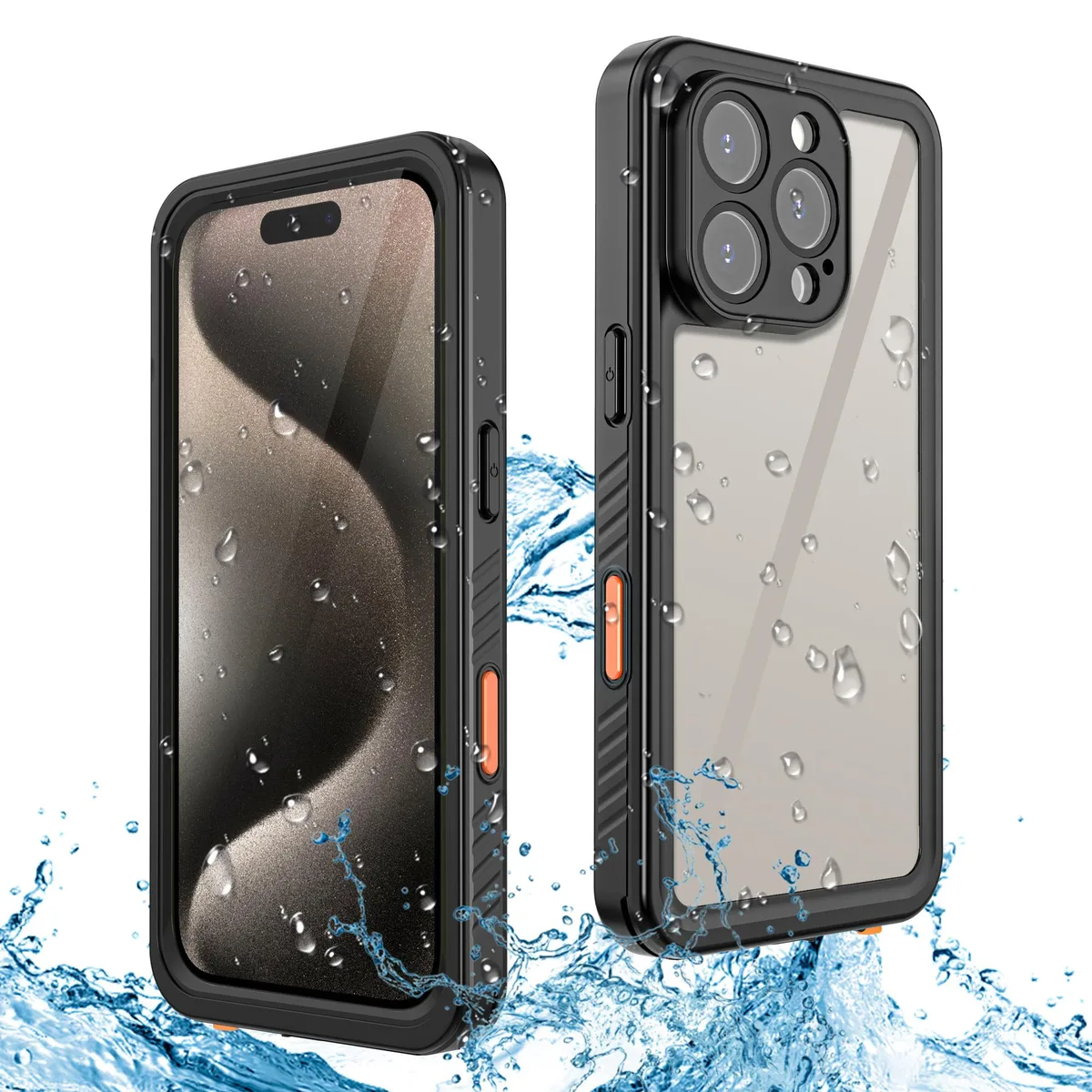 Black waterproof case for iPhone 16 Pro Max with built-in screen protector, glass camera cover and lanyard