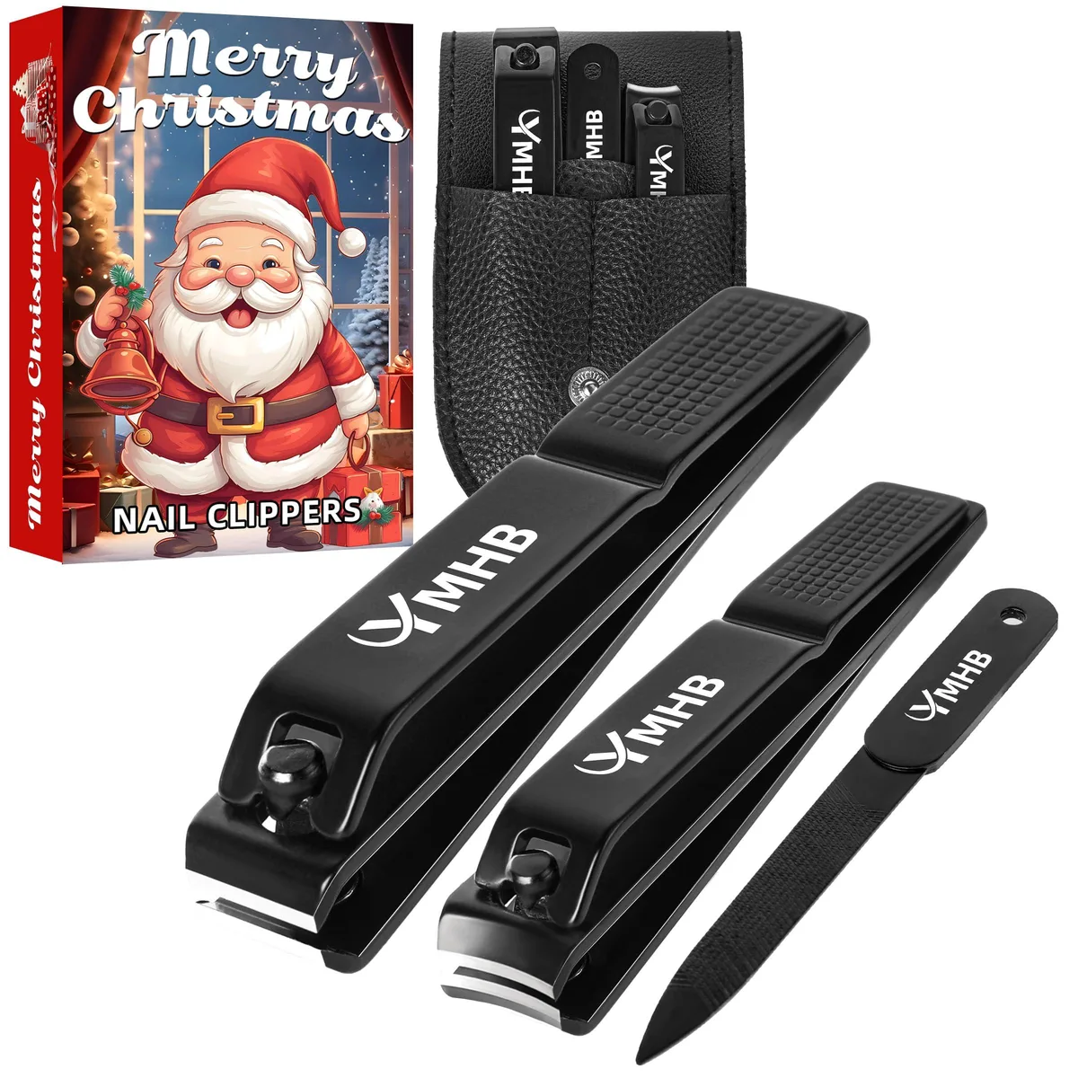 Black stainless steel nail clipper set with curved blades in leather case