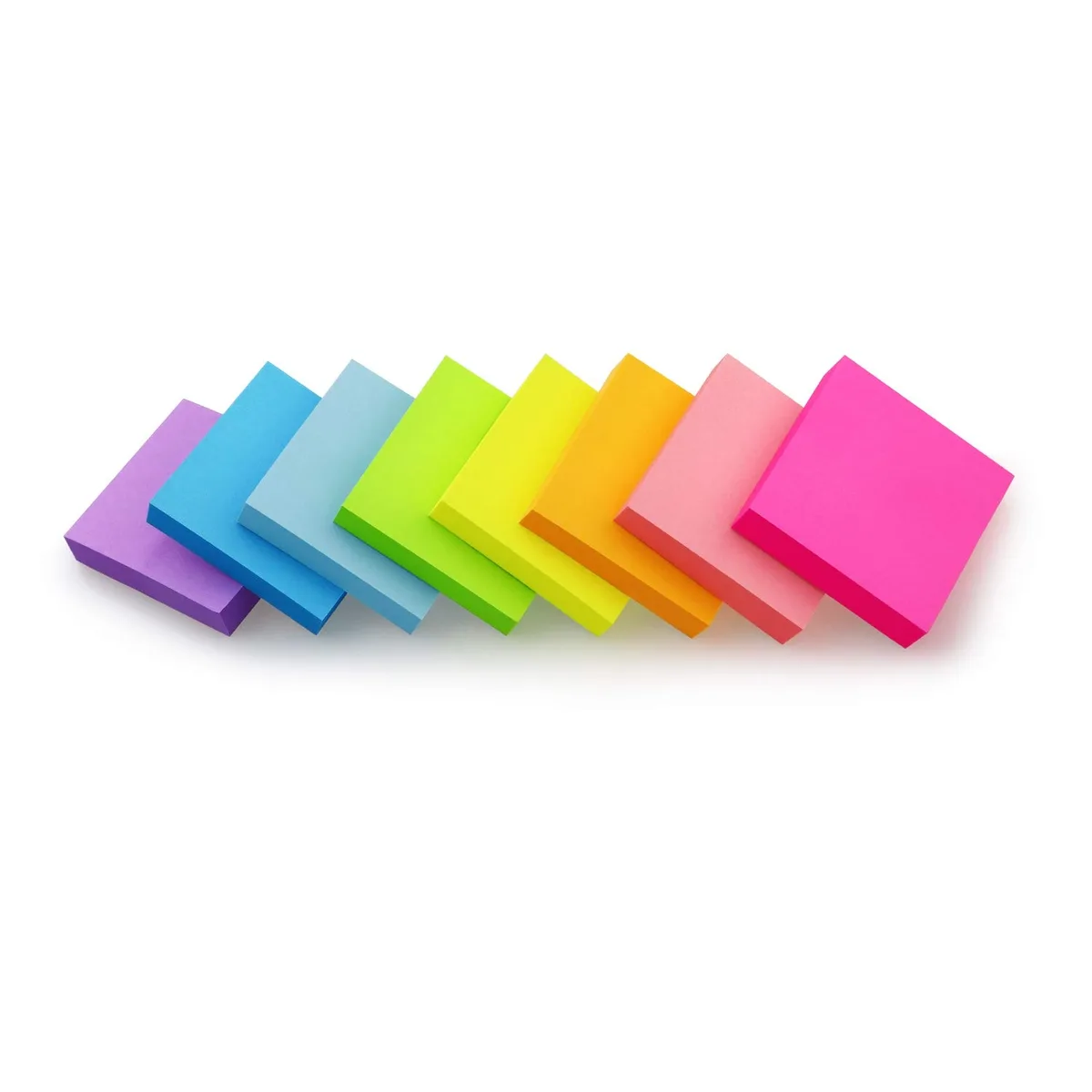 Eight square pads of bright sticky notes, two inches each