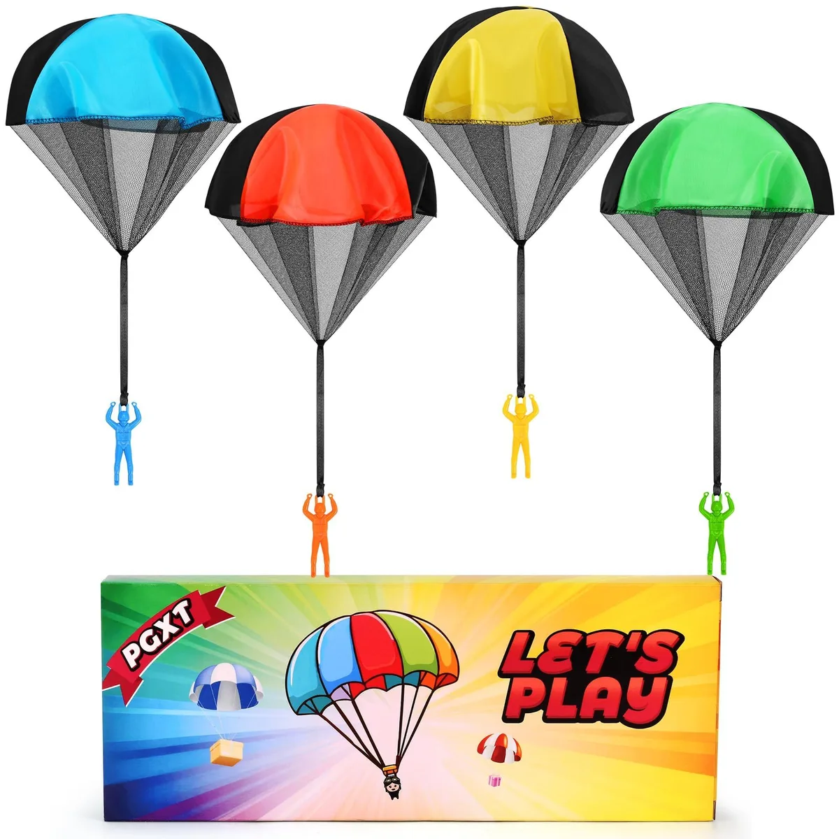 A plastic parachute toy with a nylon canopy and a small soldier figure attached