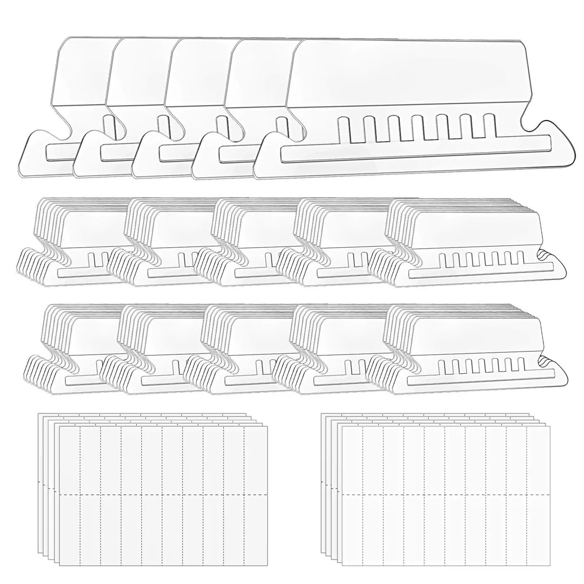 Clear plastic hanging file tabs with white paper inserts, 100 tabs and 200 inserts in a box
