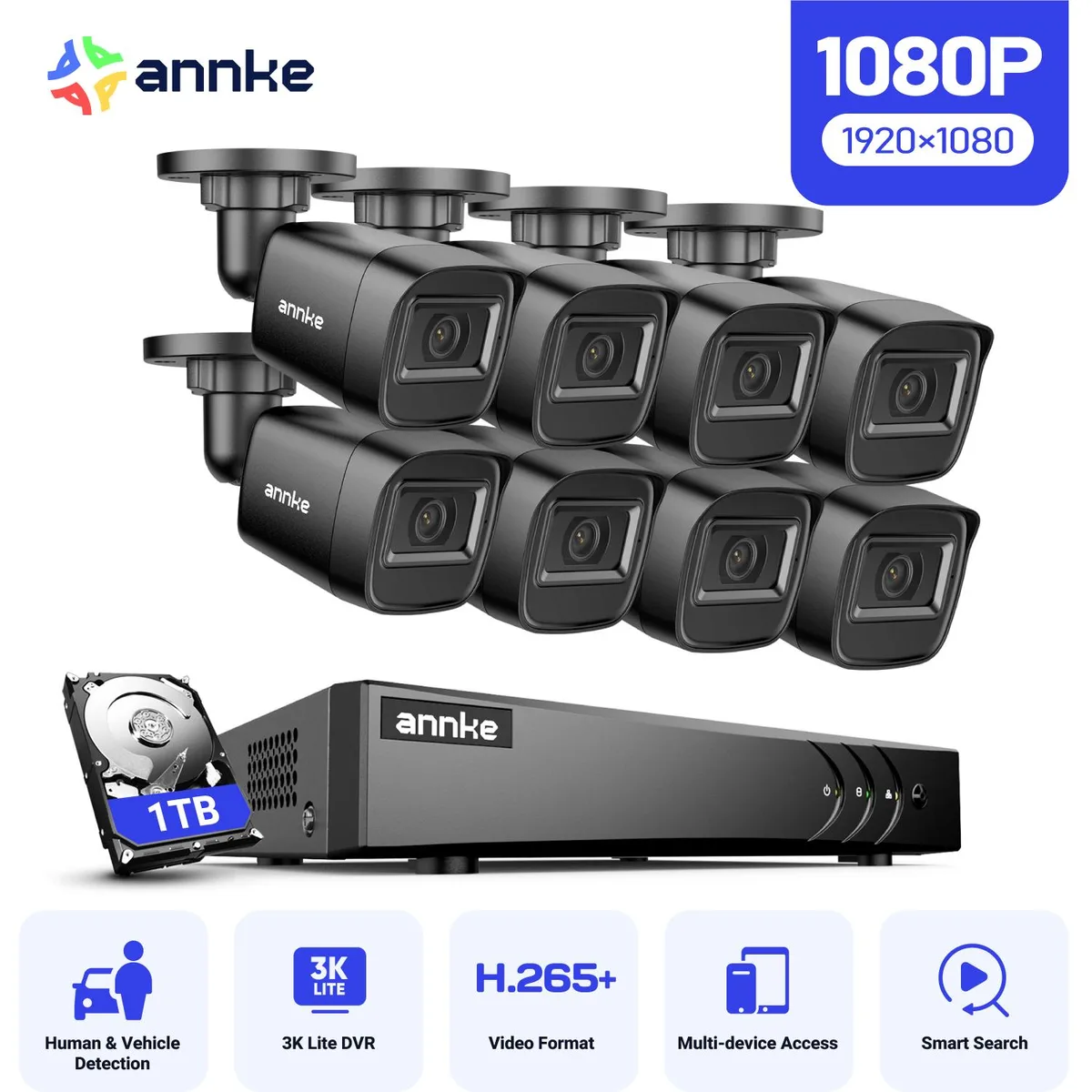 Annke Annke 8 Channel 3K Lite DVR Surveillance Security System 8x 1080P Cameras 65ft IR IP67 3.6mm 1TB HDD Black — product photo