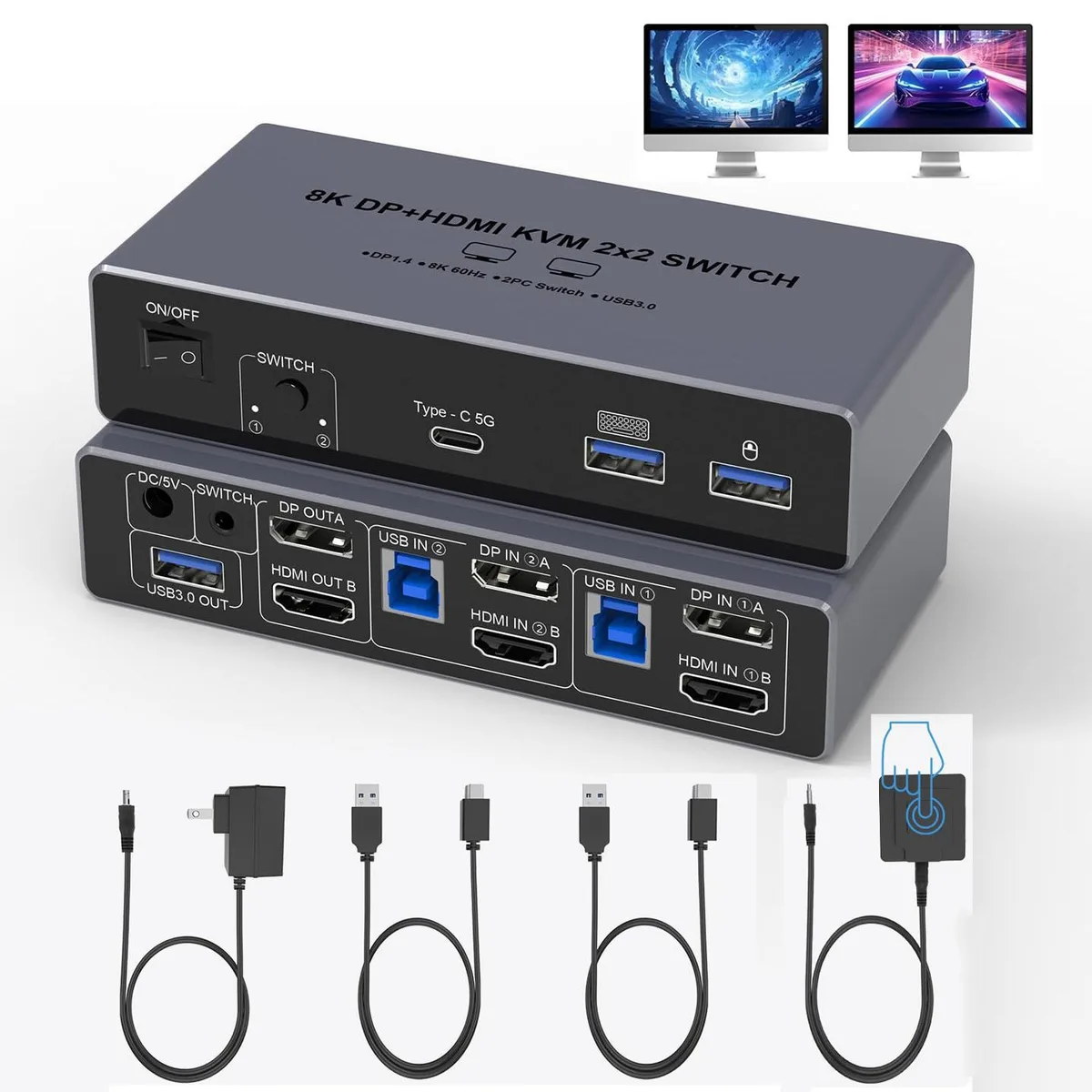 WRIARICH WRIARICH HDMI+DisplayPort Dual Monitor KVM Switch 2×2 8K@60Hz USB 3.0 Wired Controller — product photo