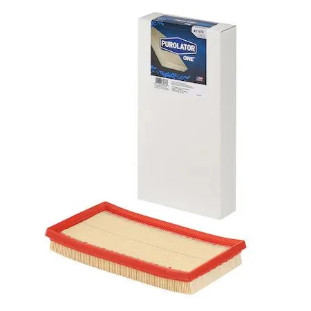 Rectangular white PurolatorONE air filter with pleated media and orange frame
