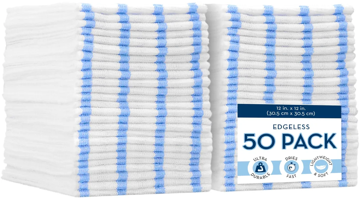 Stack of white square cloths with blue stripe edges, fifty pieces, twelve inches each